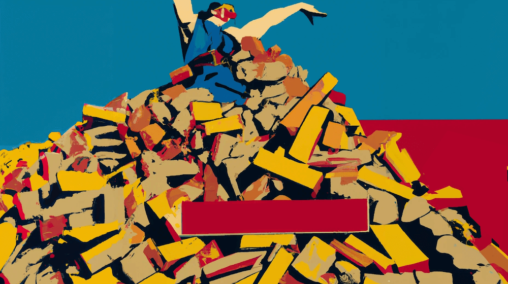 Artistic graphic of piled bricks with a person sinking in the middle (1)