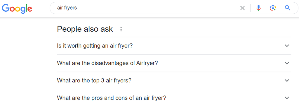 Screenshot of Google’s People Also Ask shows questions about air fryers asking mostly about advantages and disadvantages. The screenshot shows how someone selling this product might want to answer these buyer queries.