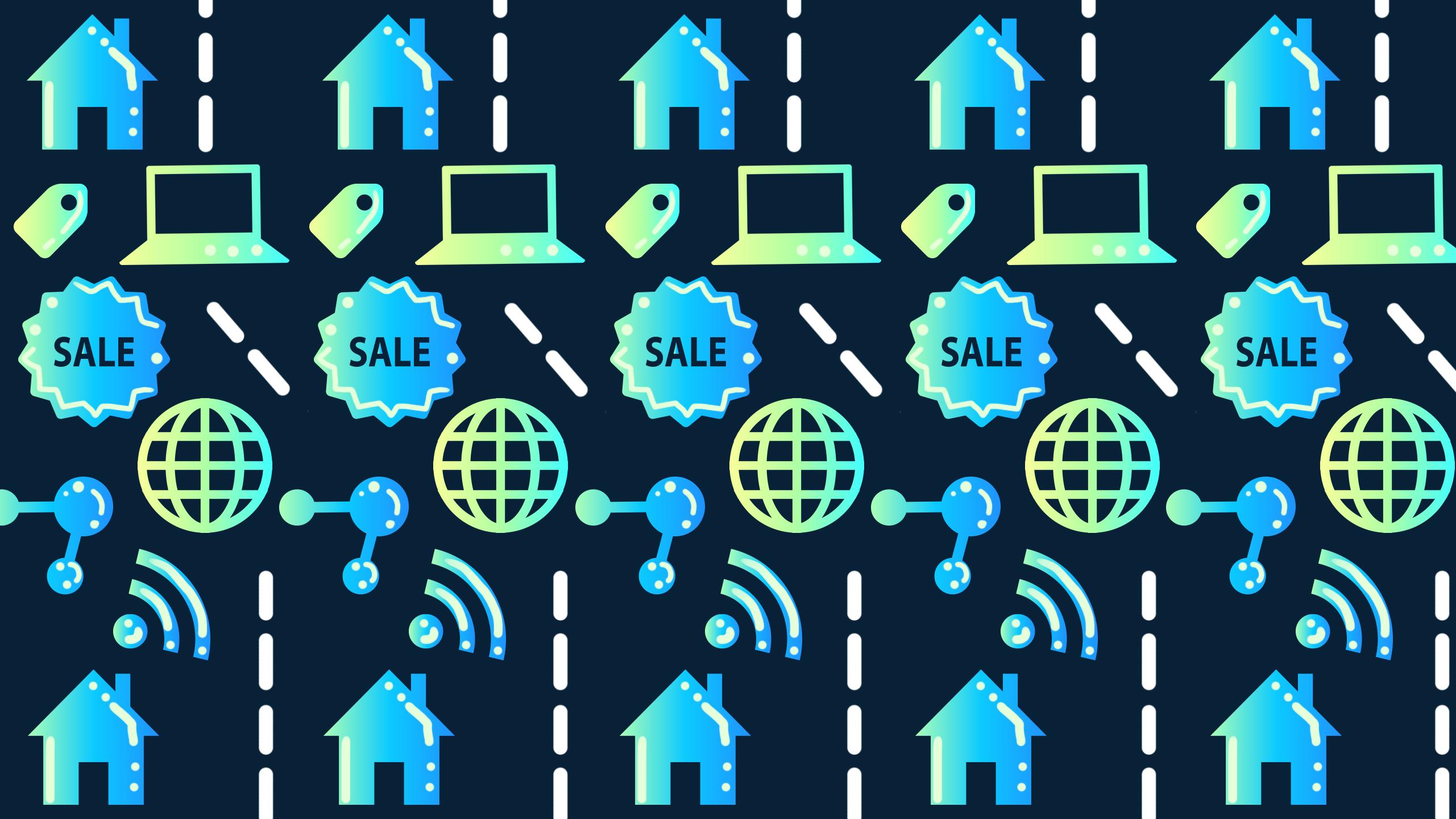 Illustrated graphics of the process of selling online, from a house leading to the internet