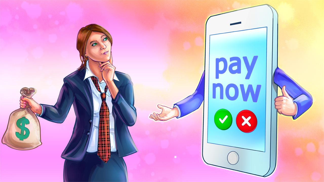 What is stripe woman holding bag of money looking at mobile phone that reads "pay now"