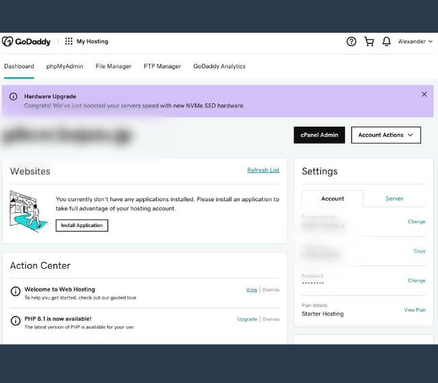 Screenshot of hosting dashboard