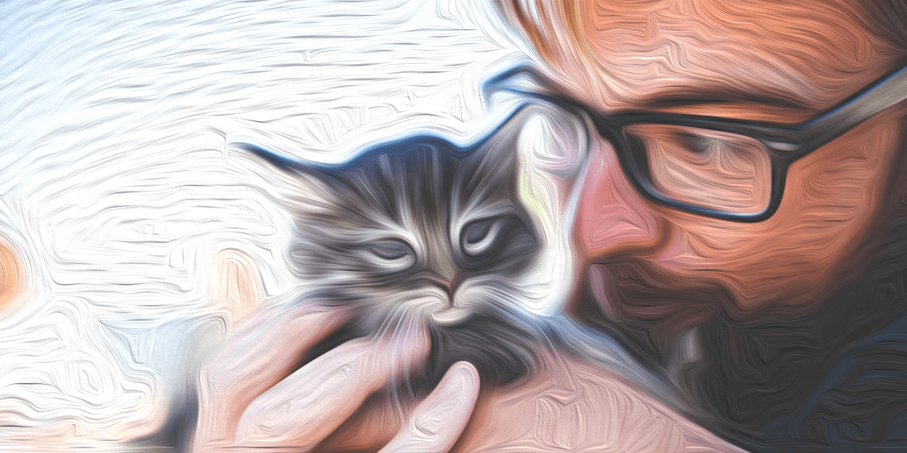 artistic photo of man with glasses holding kitten