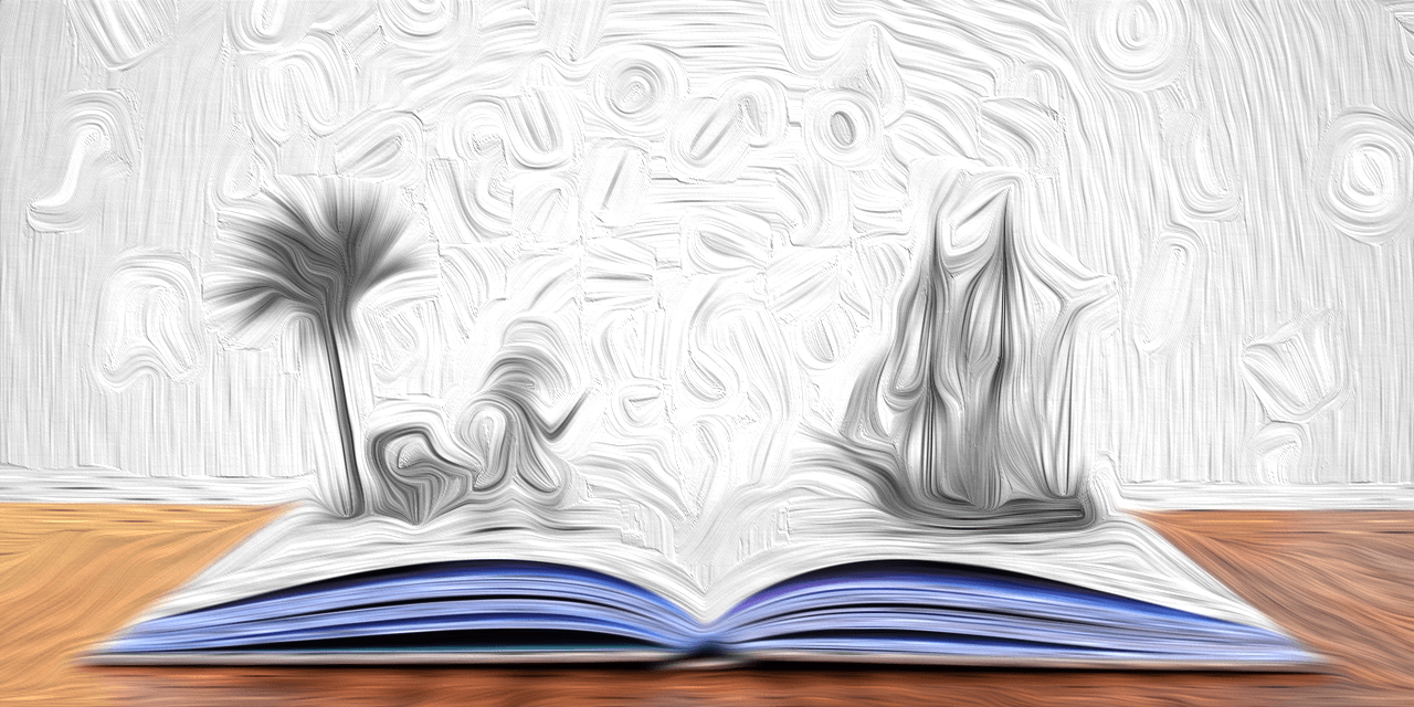 Artistic rendering of open book on table