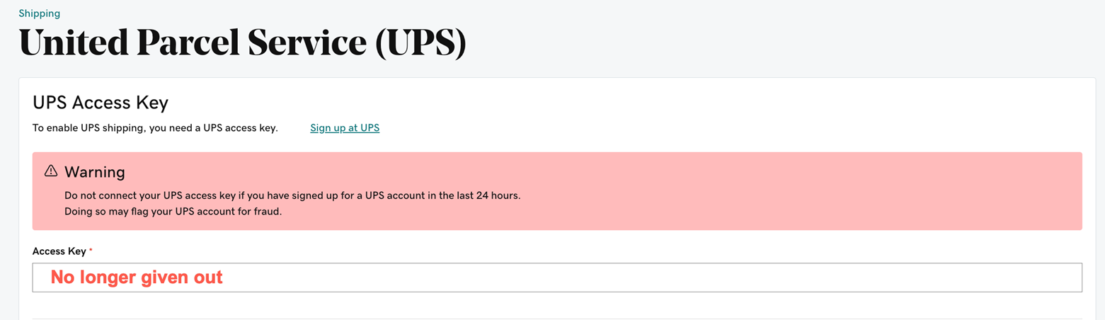 Screenshot of new UPS setup screen in Websites + Marketing Ecommerce.