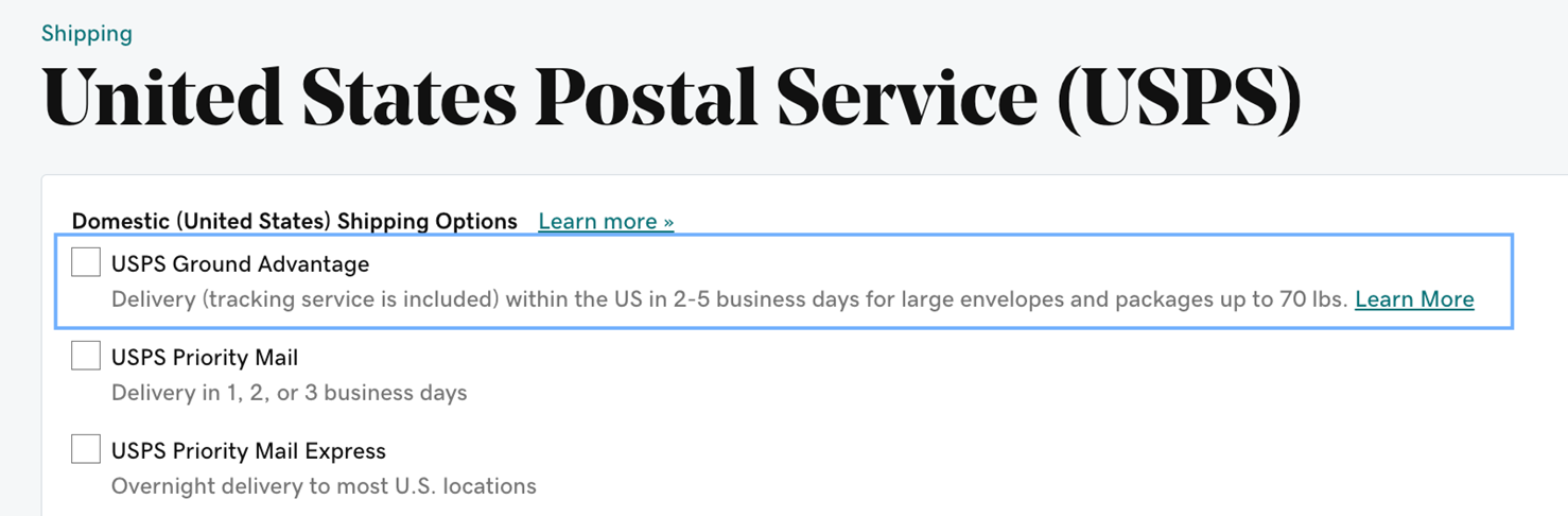 Screenshot of Websites + Marketing USPS shipping options.