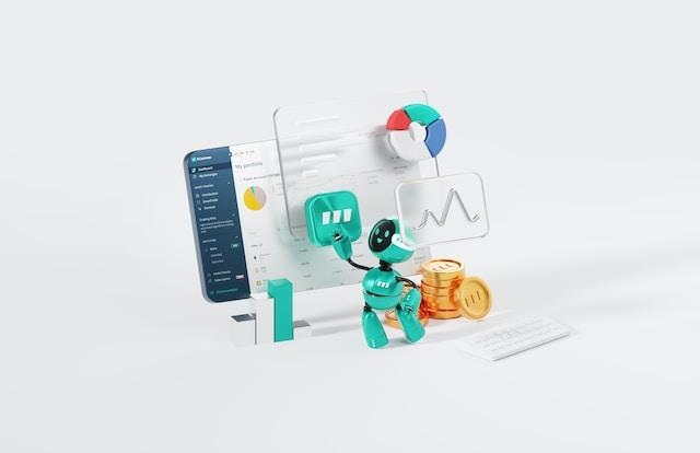 Teal robot character looking at various screens with charts