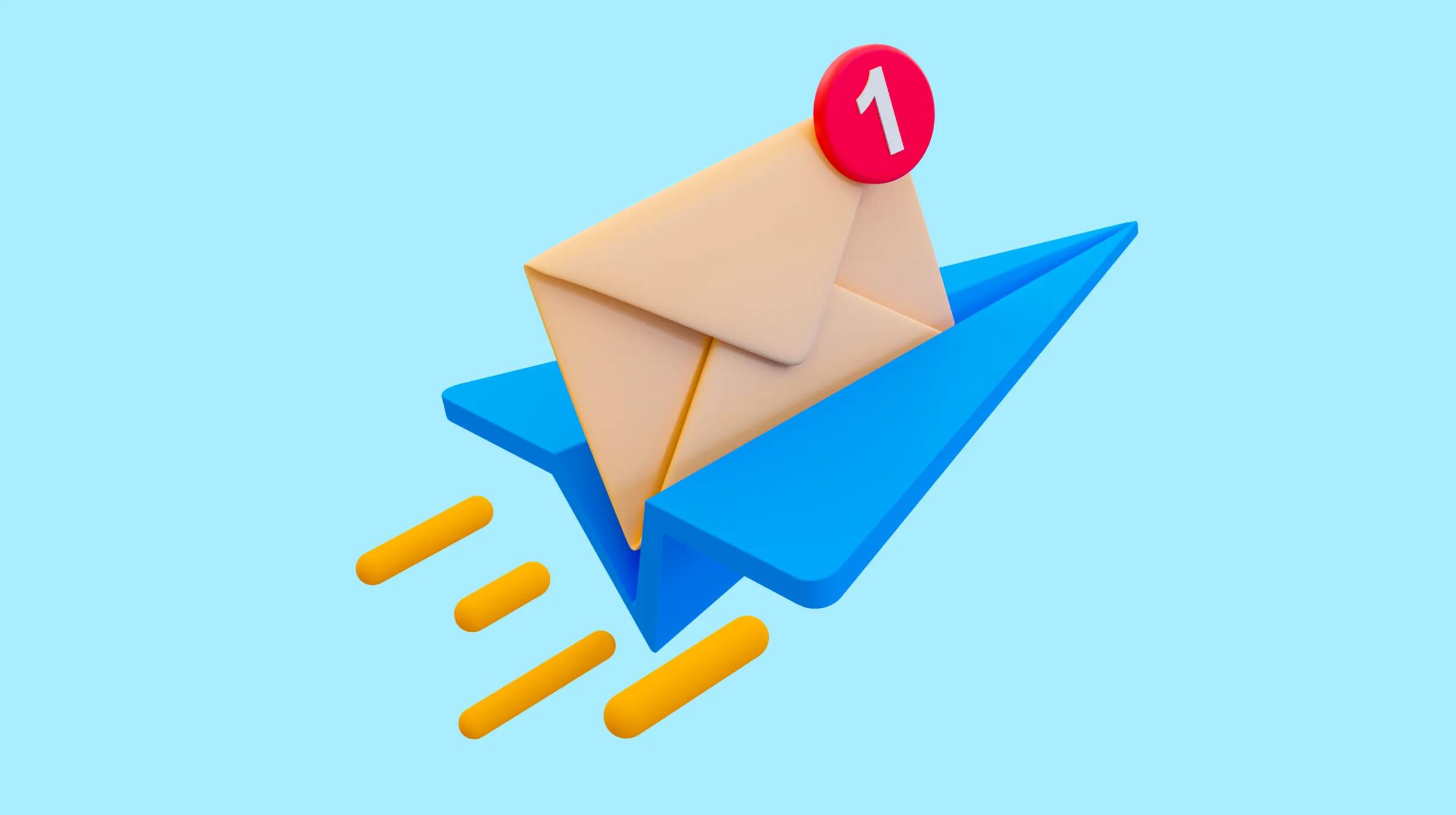 An illustration of a blue paper airplane carrying an envelope with a red notifitication badge showing "1".