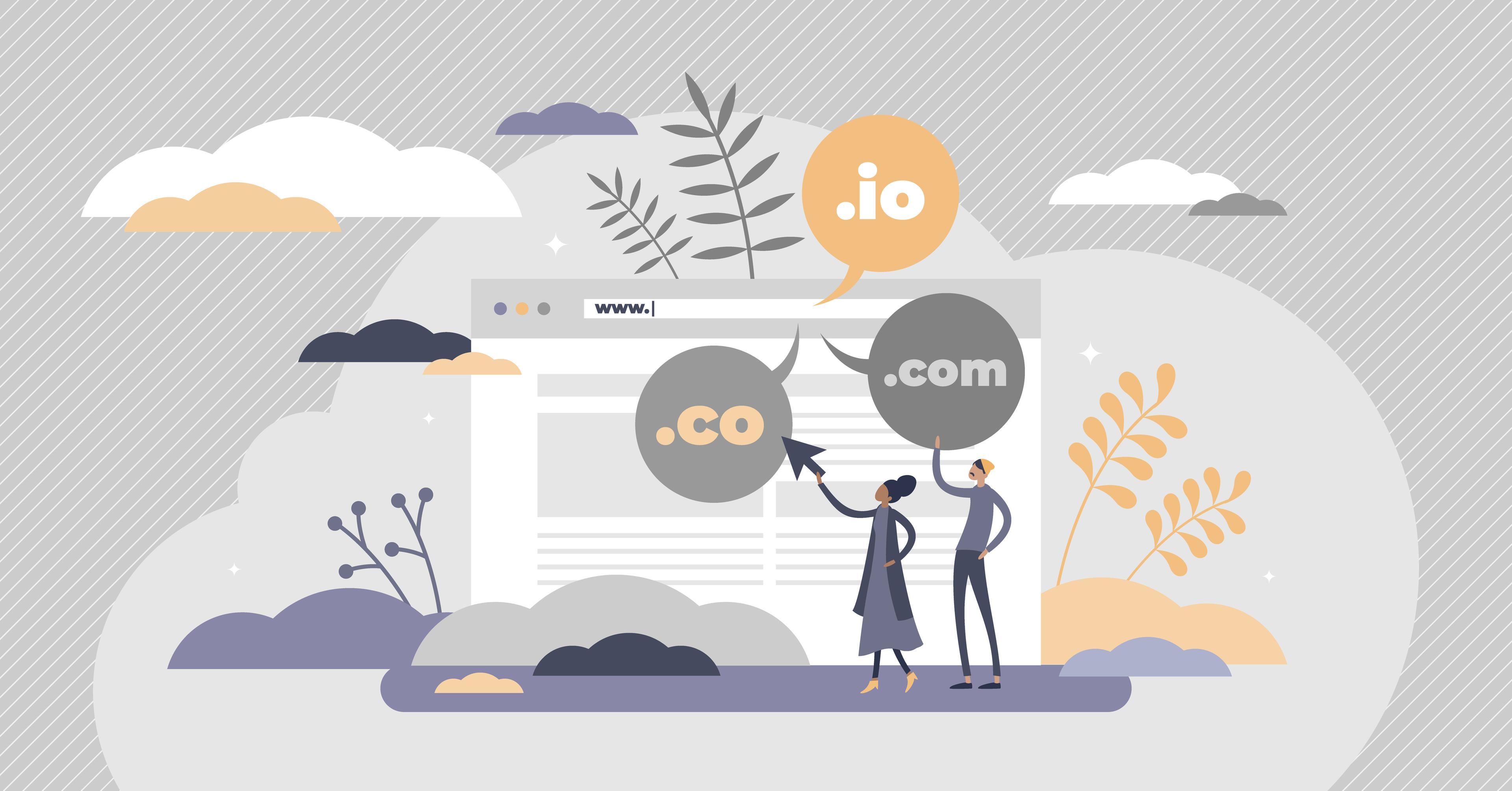 Domain name as web server website address extension flat tiny person concept. Internet online hosting service technology network with com, org, net, io and co symbols. Abstract www user registry scene