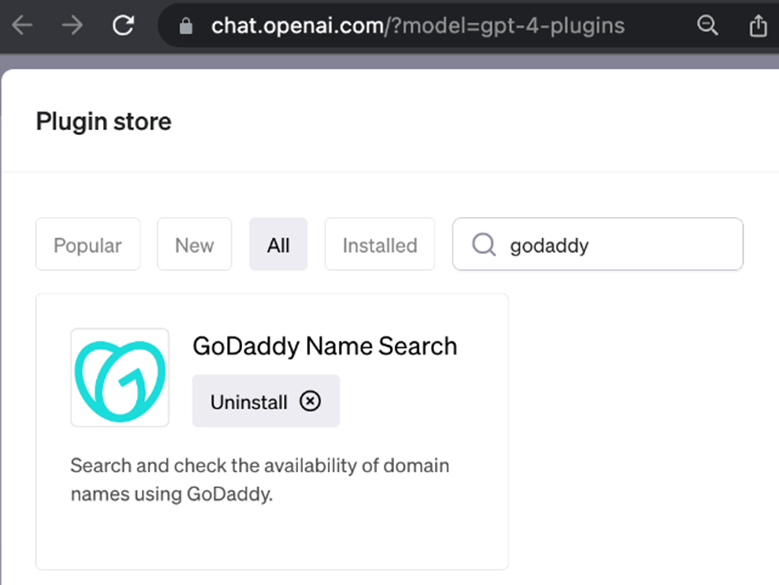 Screenshot of the GoDaddy ChatGPT plugin in the plugin store
