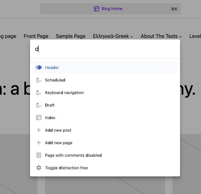 View of the Site Editor where the user has entered Command K to launch the Command Palette. On the search box, they've typed the letter d.