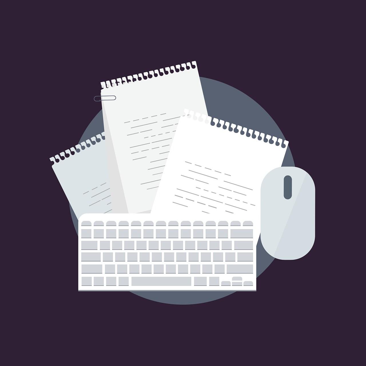 an illustration of computer keyboard and mouse with multiple spiral notepads displaying lines of texts.