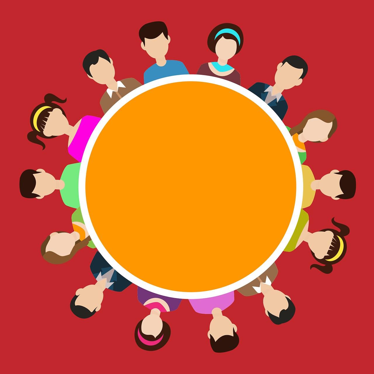 a large round orange table surrounded by a group of faceless people, representing collaboration, teamwork, or community.
