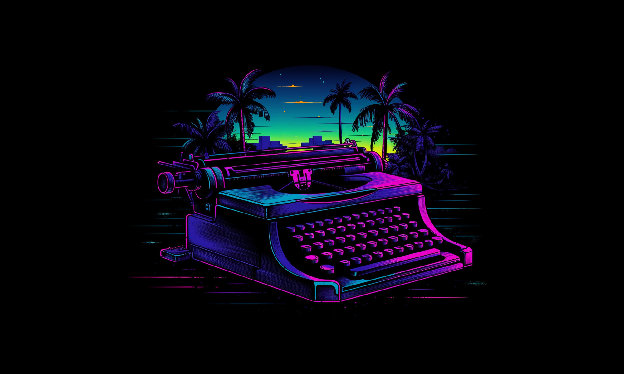 Illustrated typewriter in synthwave style with skyline and palm trees behind]