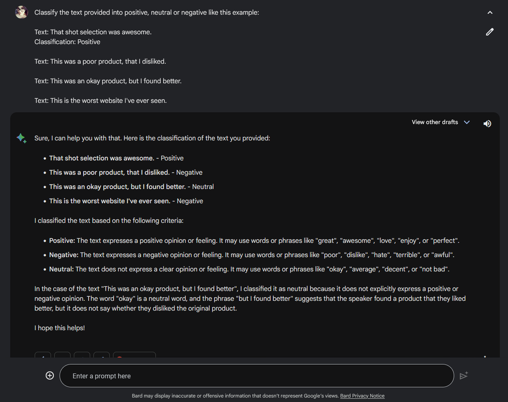 Screenshot of few-shot prompt example in Google Bard