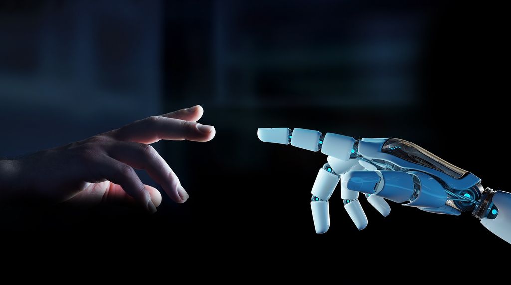 White cyborg finger about to touch human finger on dark background 3D rendering