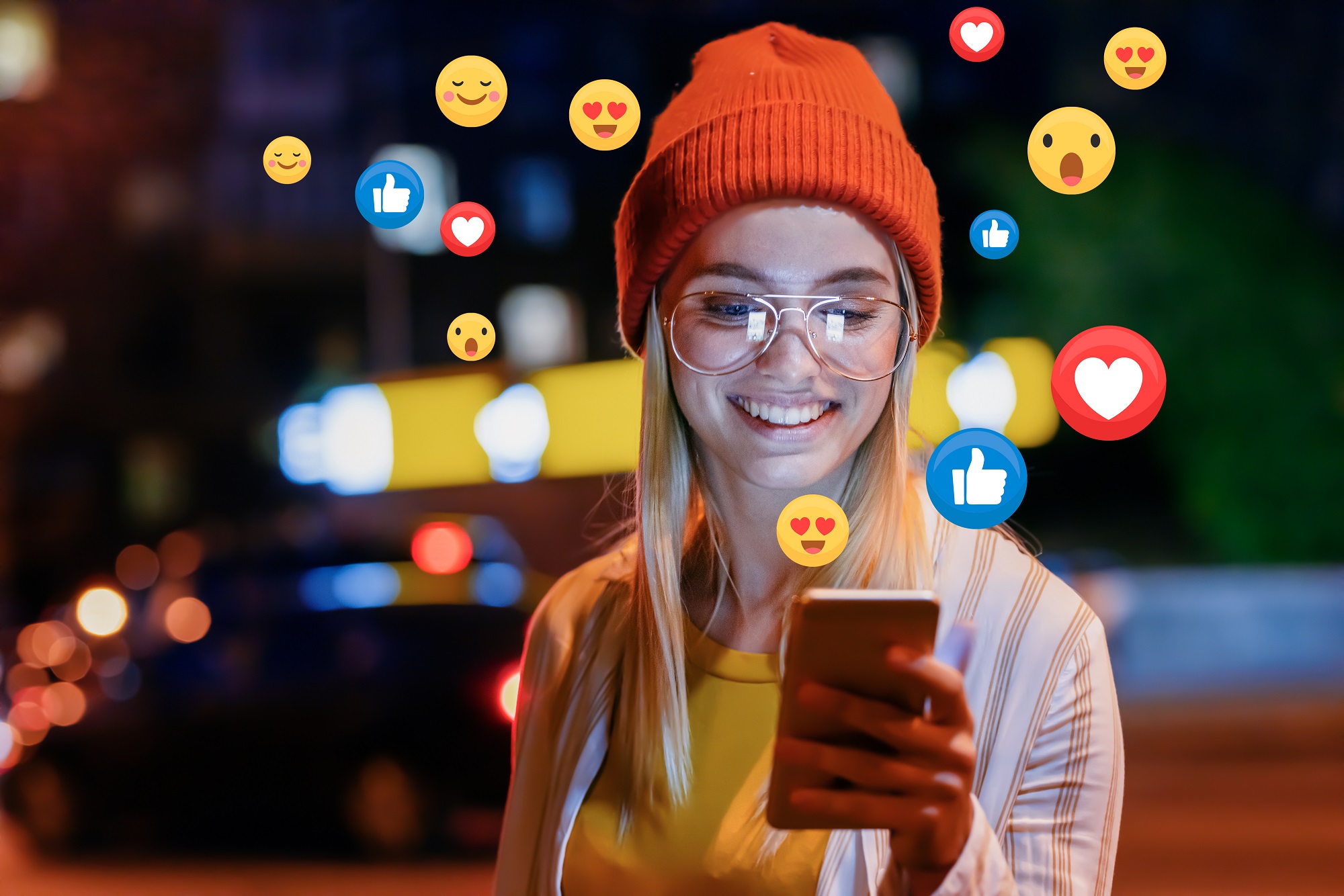 A beautiful young woman blogger, vlogger or influencer is receiving reactions