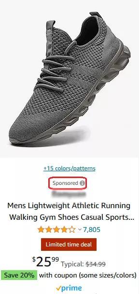 Screenshot of a sponsored ad on Amazon, featuring an athletic running shoe as the product
