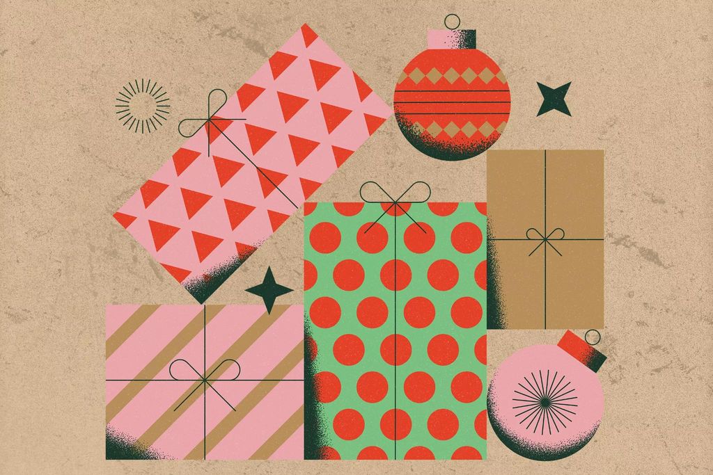 graphic of presents and Christmas ornaments