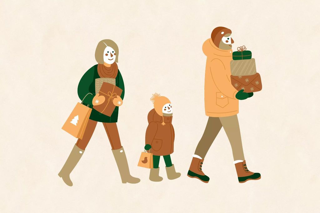 Graphic of a family walking in winter gear, holding presents