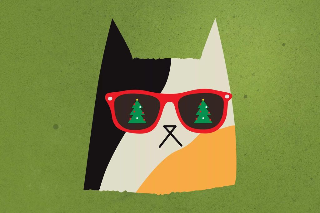 Graphic image of a cat with red sunglasses and Christmas trees in the center