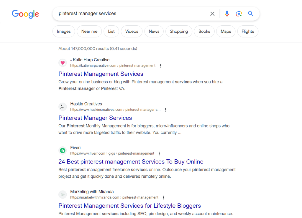 Screenshot of Google search results for Pinteret manager services.