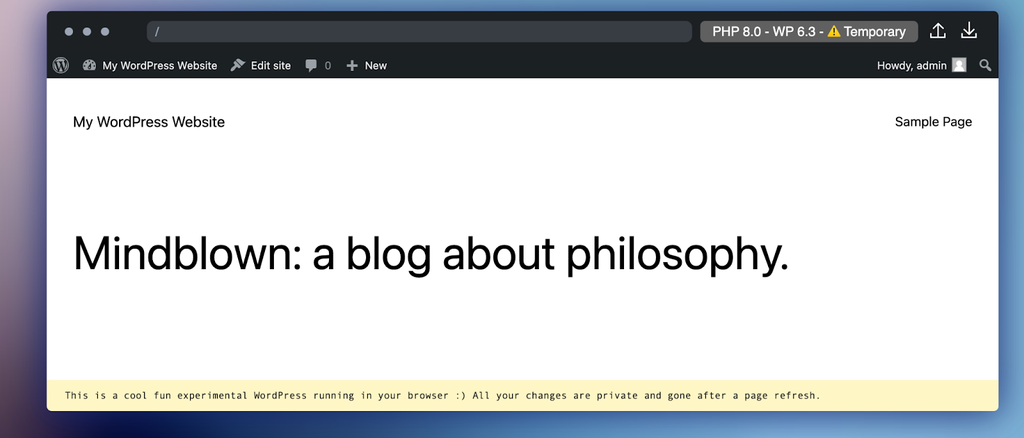 Screenshot of WP admin dashboard with the words "Mindblown: a blog about philosophy."