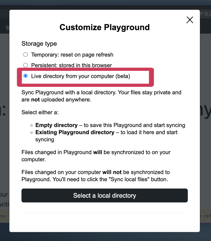 Screenshot of the Customize Playground window, highlighting the live directory from your computer option.