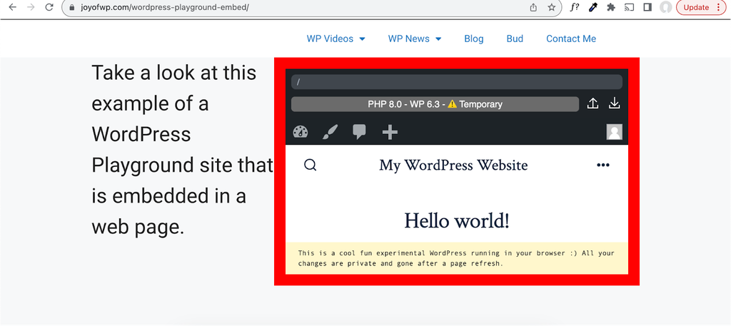 Example of a WP Playground site that is embedded in a web page.