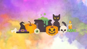Halloween graphic featuring a black cat, pumpkins, cauldron, and skull