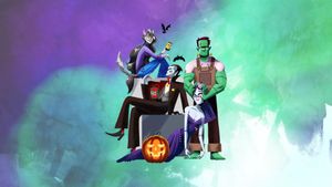 Halloween graphic featuring dracula, frankenstein, zombie wife, and wolf woman