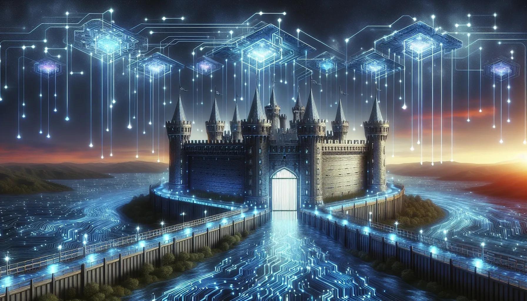 An AI generated castle with towers and lights