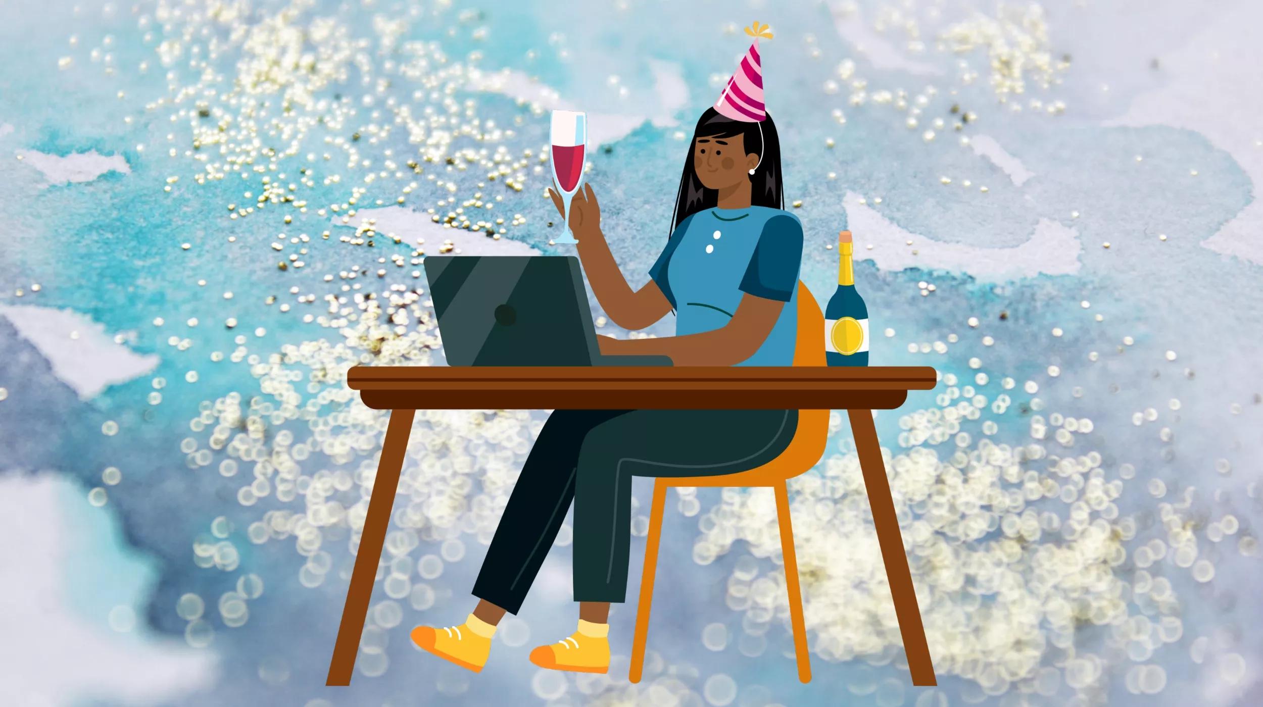 Illustration of a woman sitting at a laptop wearing a party hat and holding a glass of champagne