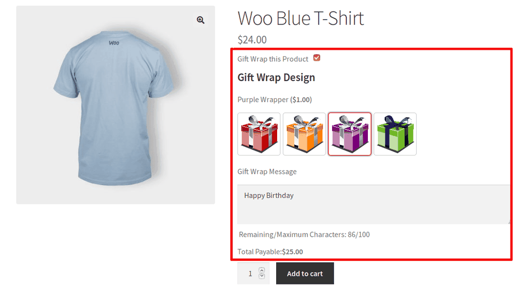 Screenshot shows Gift Wrapper with four wrap color options and a gift wrap message to improve WooCommerce checkout.