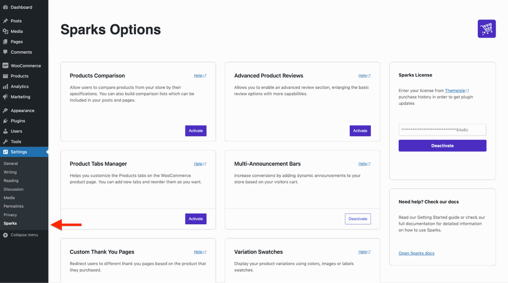 Screenshot shows the Sparks Options WooCommerce plugin settings with some of the many options. Within the screenshot, you can see variation swatches and product comparisons.