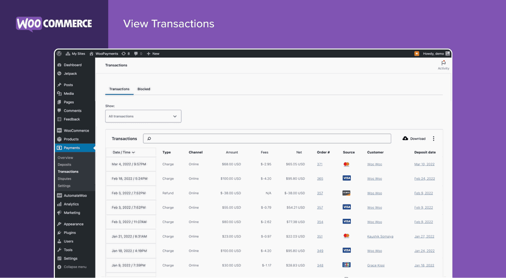 Screenshot from the WooCommerce extension WooPayments. Screenshot shows how users can view transactions in a table.