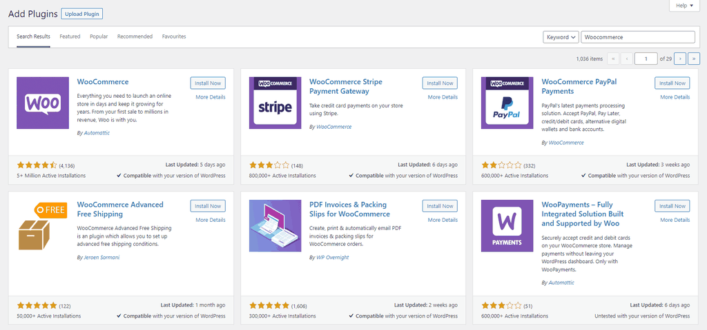 Screenshot from WordPress’ plugins with a filter displaying plugins related to and including WooCommerce.