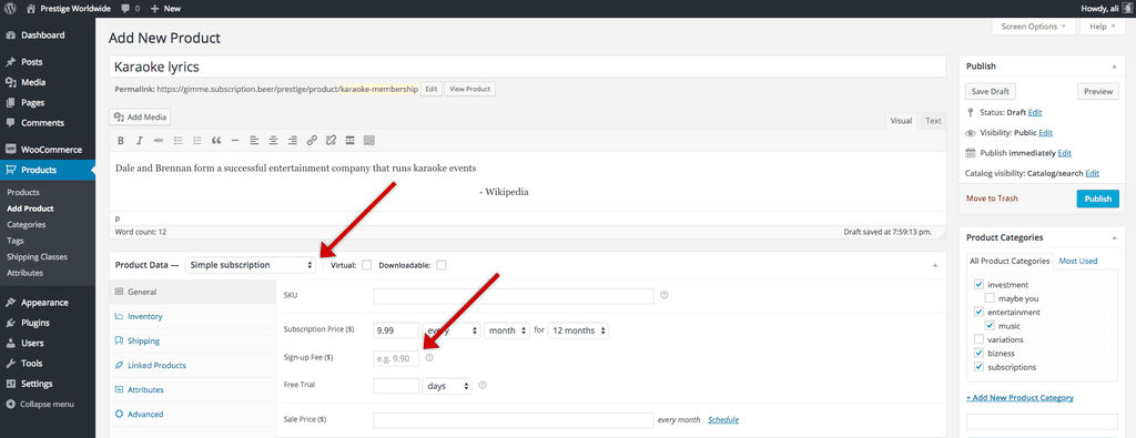 Image shows how WooCommerce’s Subscriptions Plugin integrates into the back end of WordPress.