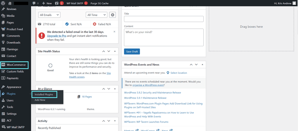 Annotated screenshot of the WordPress dash shows users where they can navigate to plugins (within the menu, or within the menu, under plugins.)