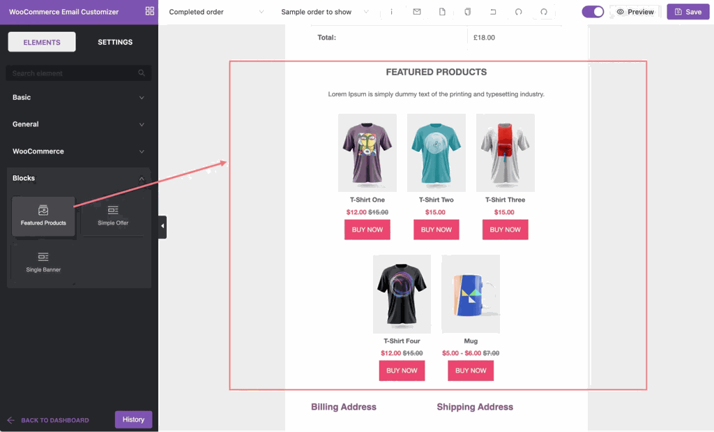 The image shows the drag-and-drop email customizer from WooCommerce email customizer.