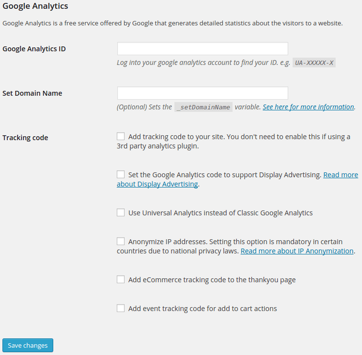 Screenshot of WooCommerce’s Google Analytics integration. Screenshot shows how easy it is to integrate analytics with a text field.