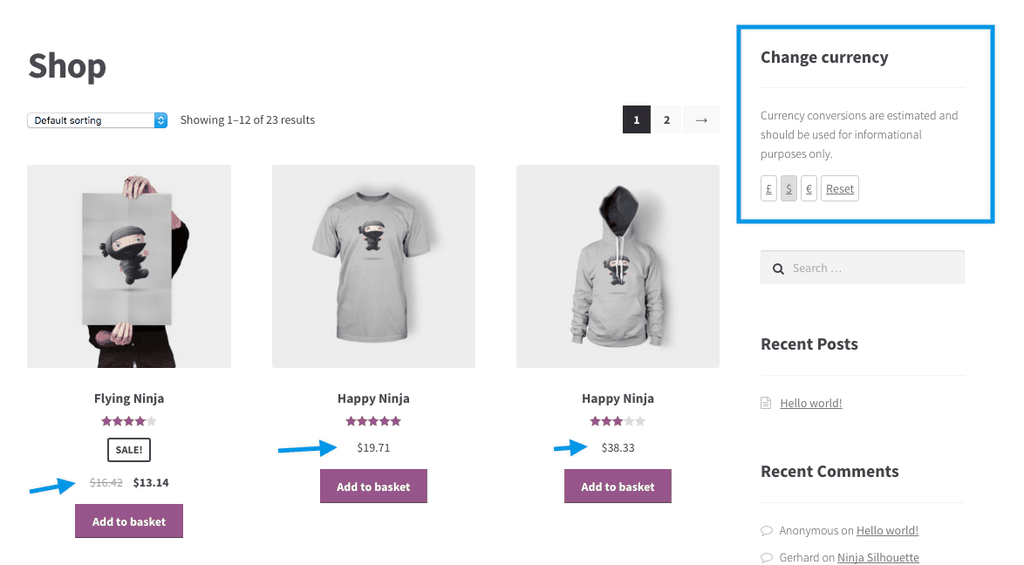 Screenshot shows WooCommerce Multi-Currency extension live on a product category page. The change currency can be toggled on and off.