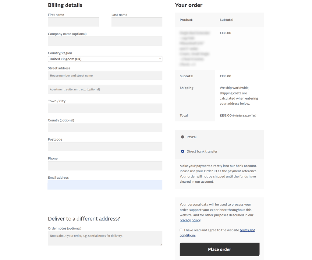 Screenshot of the standard WooCommerce checkout shows buyer details (name, address etc), limited payment options and order details such as product and price.