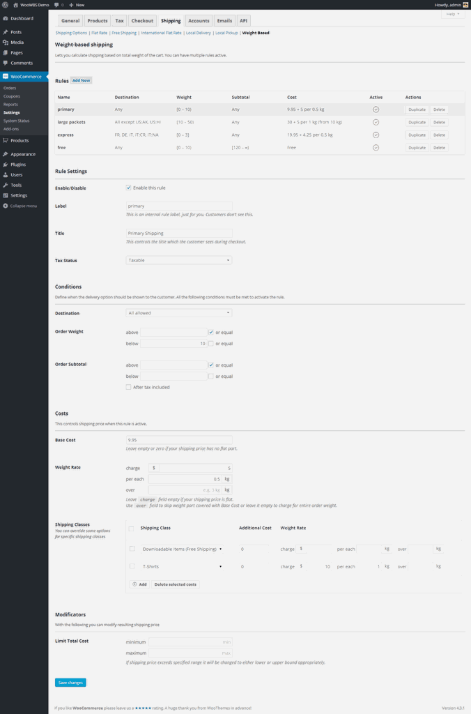 Screenshot of the WooCommerce extension WooCommerce Weight-Based Shipping.