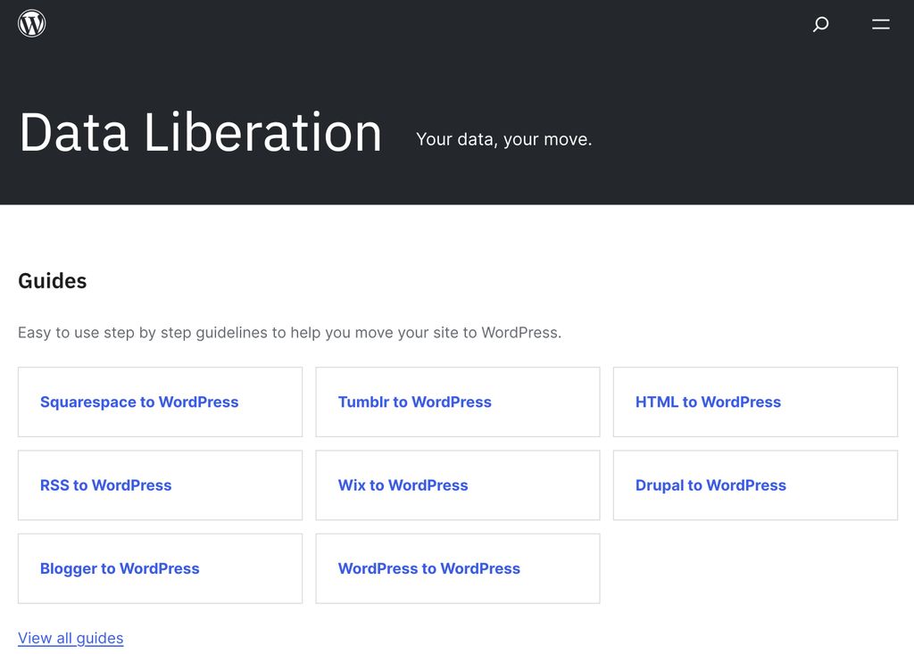 Screenshot of the new Data Liberation site available on WordPress.org/data-liberation demonstrated during State of the Word 2023.