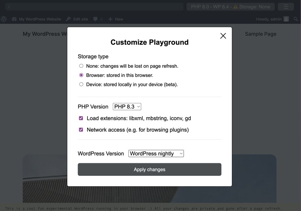 WordPress Playground updates shared during WordPress State of the Word 2023. The customizations screen for Playground are displayed here.