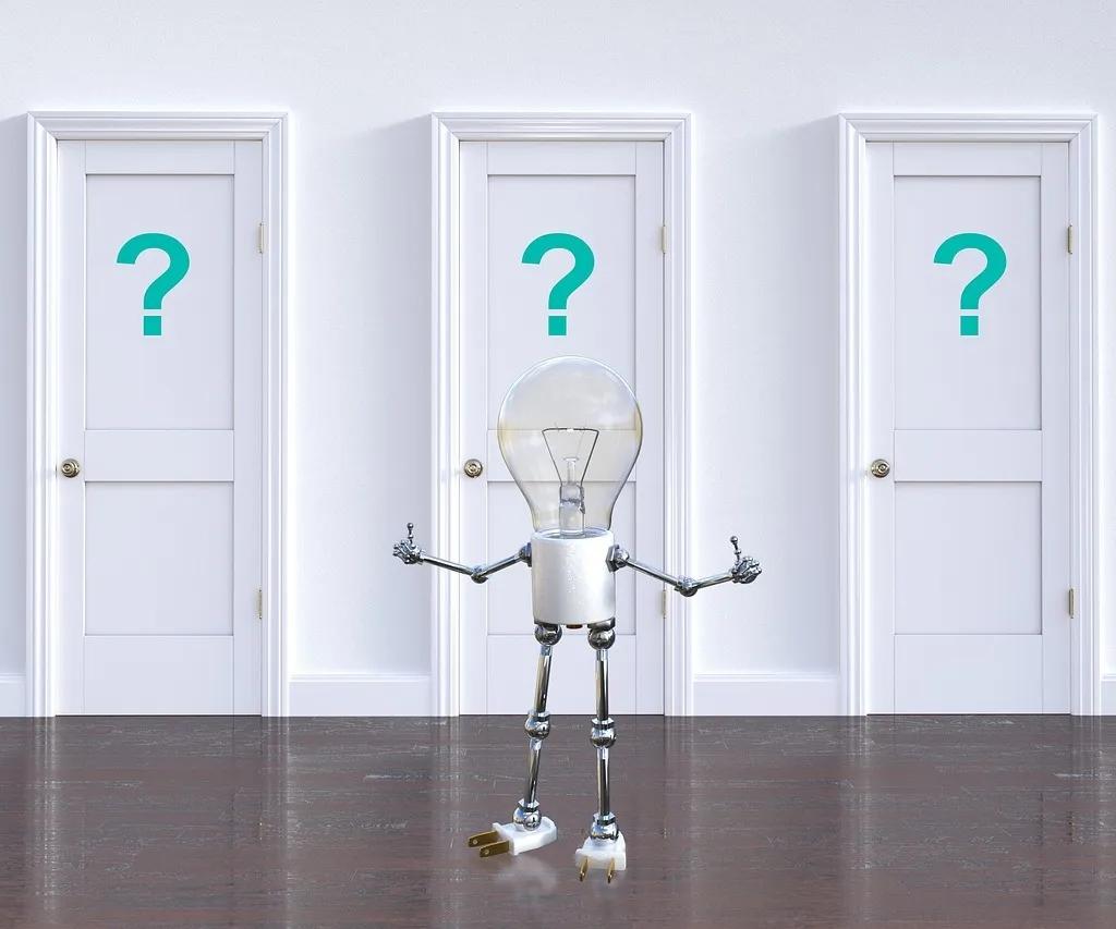 A Character Faces Three Doors Displaying Question Marks