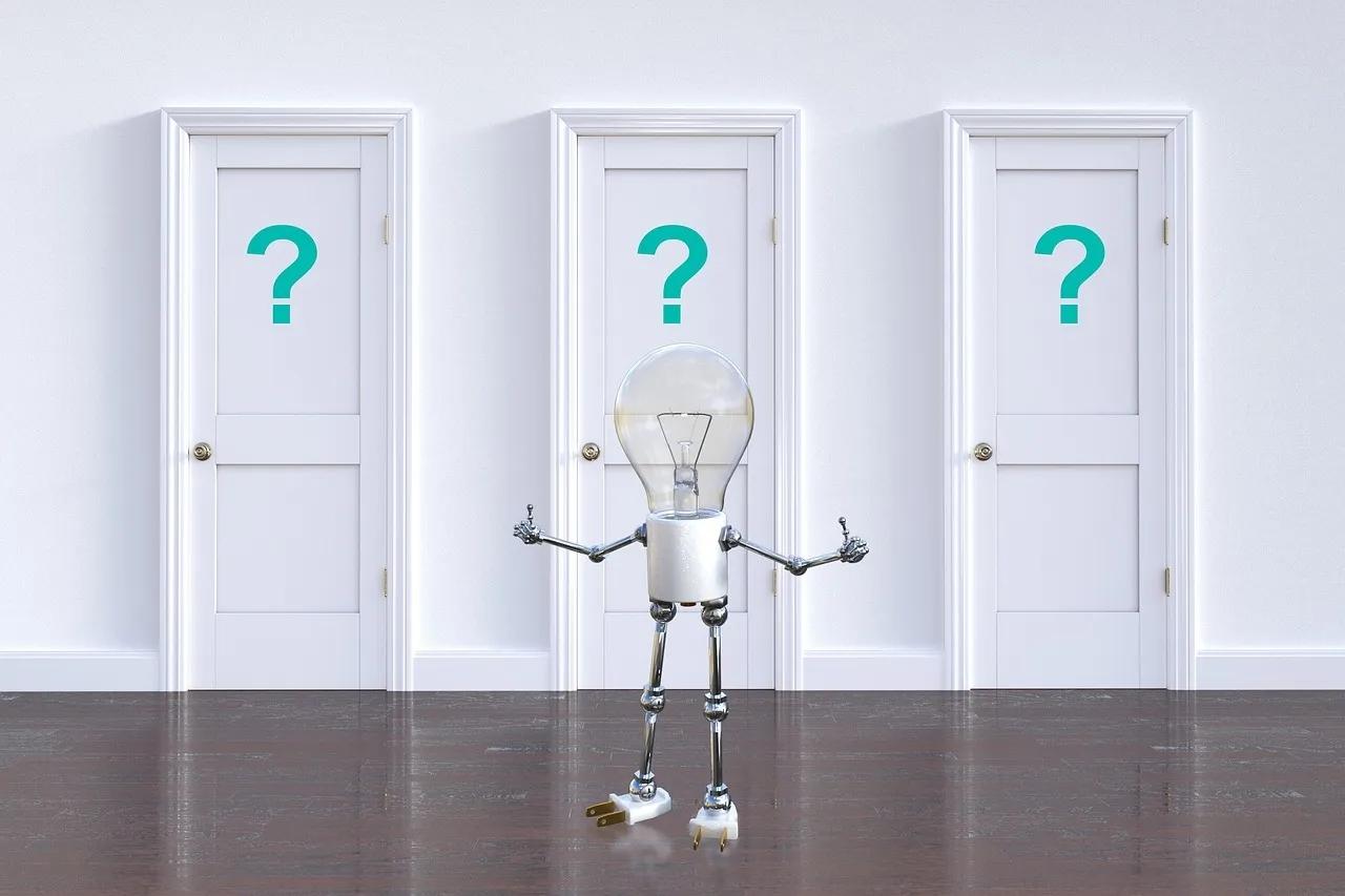 A Character Faces Three Doors Displaying Question Marks