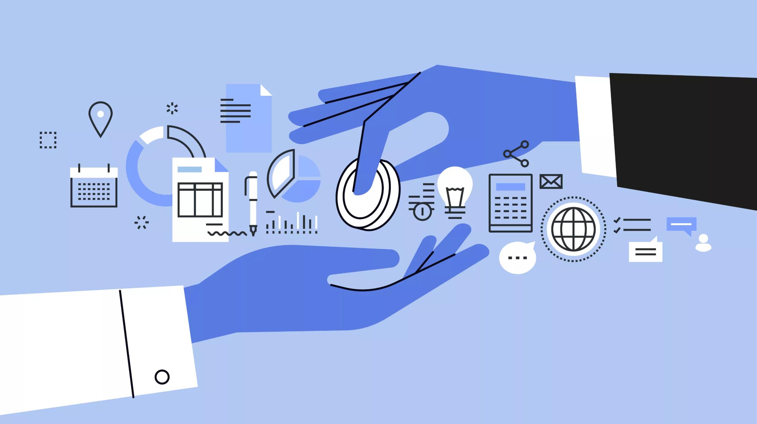 Illustration of two stylized hands in a handshake, one blue and the other wearing a sleeve and cufflink, against a light blue background. Surrounding the handshake are various business and analytics icons such as pie charts, a calculator, a calendar, a location pin, documents, a bar graph, a light bulb, and more, symbolizing a professional agreement or partnership with a focus on data and strategy.