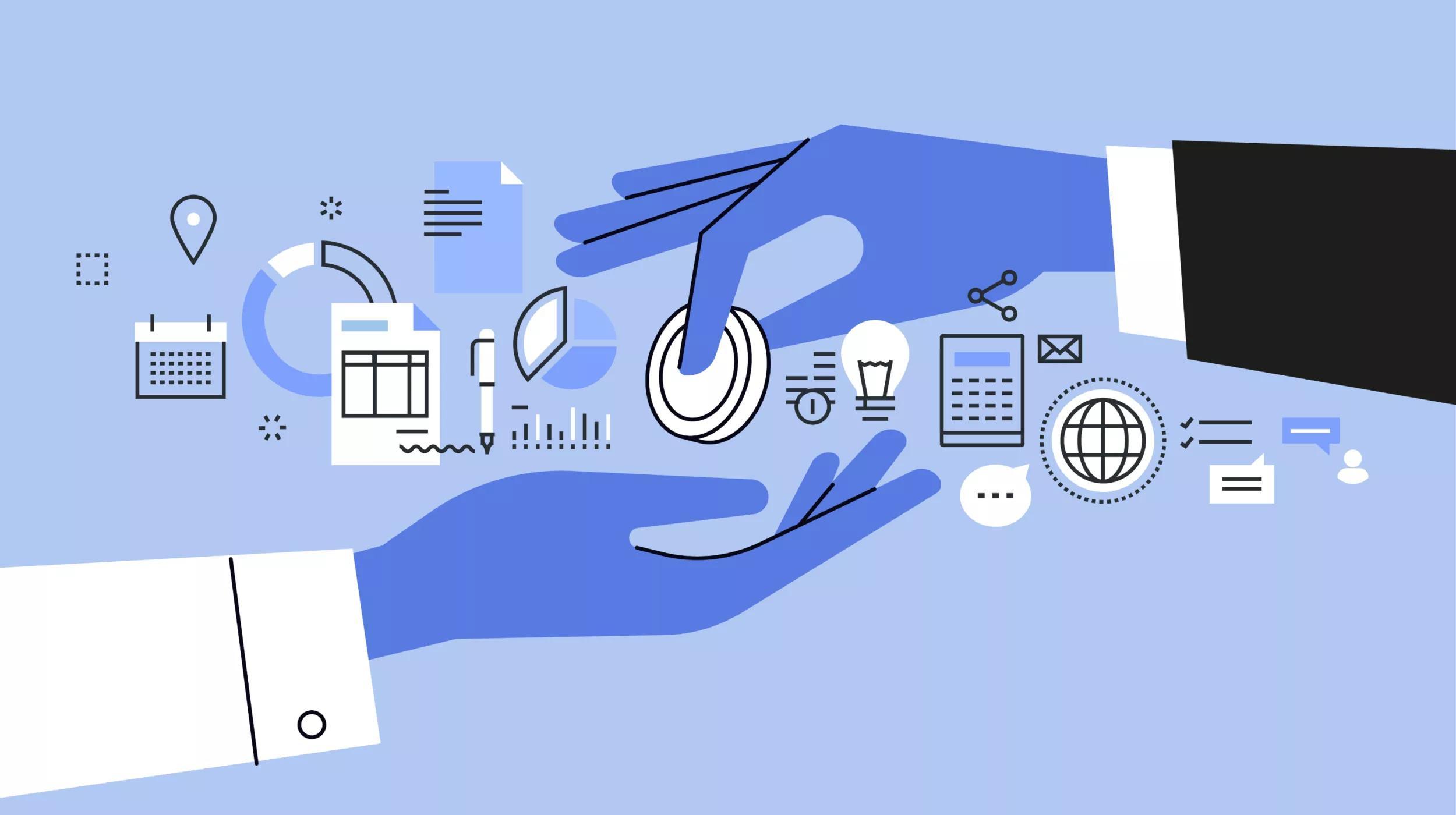 Illustration of two stylized hands in a handshake, one blue and the other wearing a sleeve and cufflink, against a light blue background. Surrounding the handshake are various business and analytics icons such as pie charts, a calculator, a calendar, a location pin, documents, a bar graph, a light bulb, and more, symbolizing a professional agreement or partnership with a focus on data and strategy.