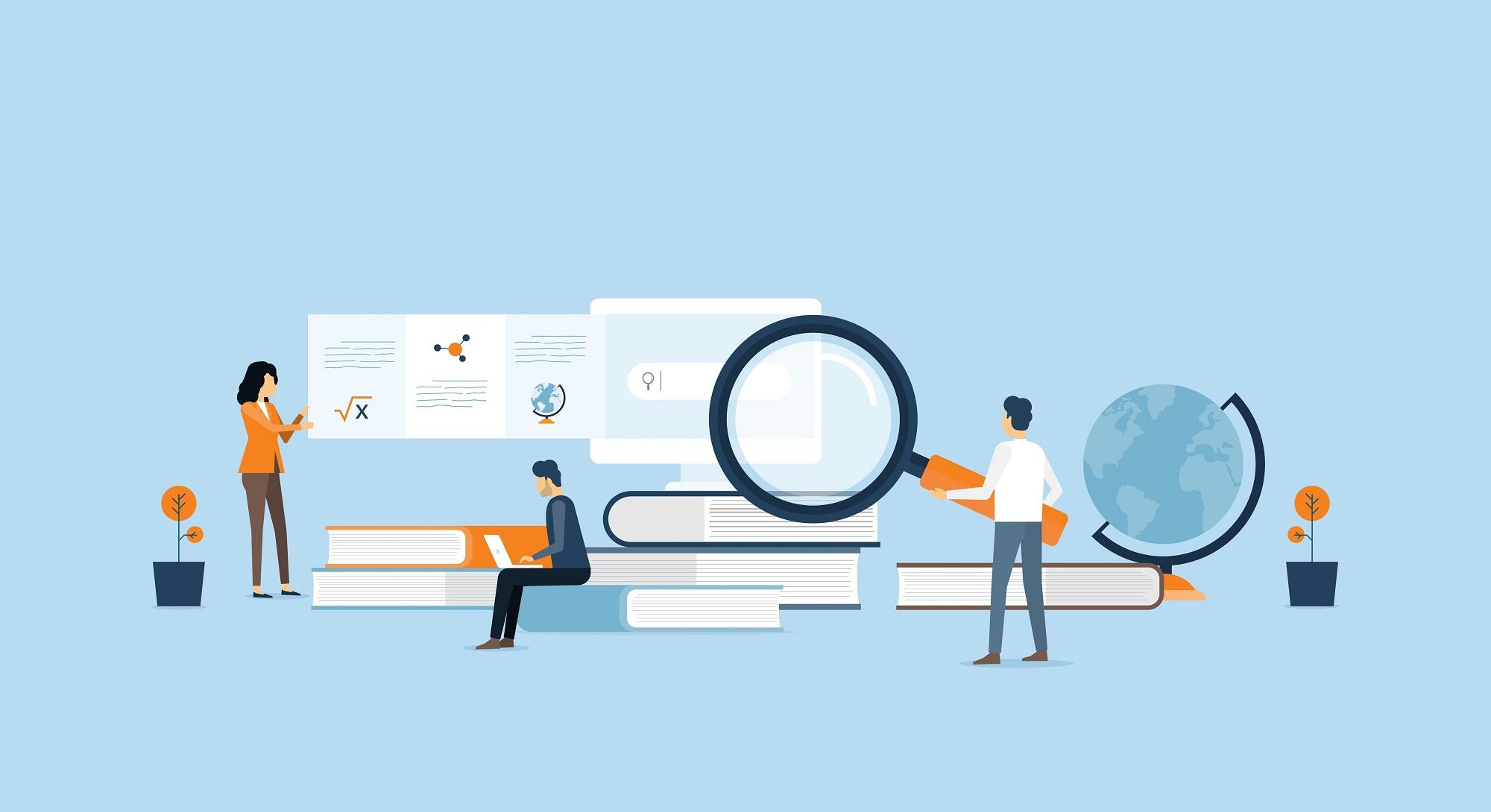 Illustrated people conducting research